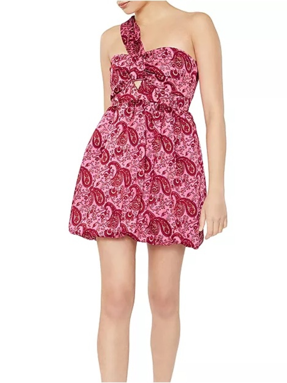 One-Shoulder Paisley Print Mini Dress in Pink and Burgundy LIKELY brand